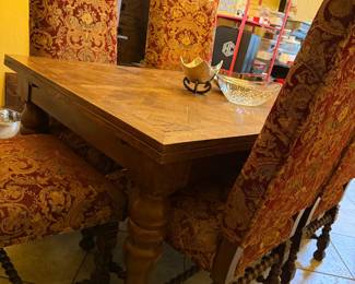 Antique Oak Dining Table with HighBack Upholstered Chairs