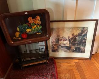Vtg Metal Tray, Framed Art 