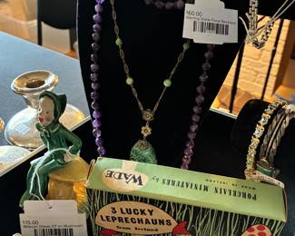 Millesan Drews Elf on Mushroom, Wade 3 Lucky Leprechauns, Sterling Stone Floral Necklace 