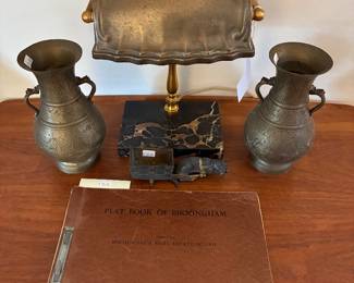 Vtg Desk Lamp, Metal Vases 
