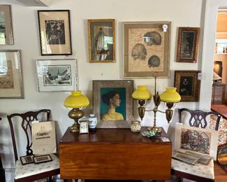 Wooden Drop-Leaf Table, Vtg Lamps, Framed Art