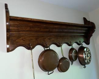 French-style wooden pot hanger with assorted copper pots (sold separately)