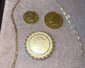 Gold-tone coin medallion pendant necklace and coins