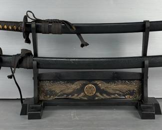 Katana And Tanto Swords In Scabbards, On Display Rack