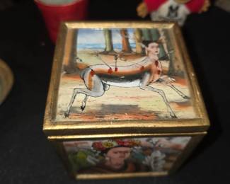  decorative wooden trinket box featuring a painted glass or print reproduction of Frida Kahlo's 1946 artwork The Wounded Deer accented by an ornate gold-trimmed frame