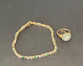 10k Gold Emerald and Diamond Tennis Bracelet and Floral Cluster Ring Suite