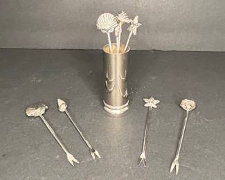 Vintage Silver-Plated Seashell Cocktail Picks with Holder