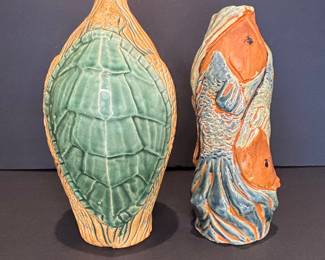 Majolica Style Ceramic Fish and Turtle Vases
