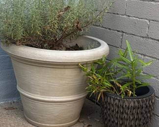 Two Tapered Faux Stone and Woven Resin Planters
