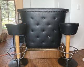 Black Vinyl Tufted Home Bar with 2 Matching Swivel Bar Stools