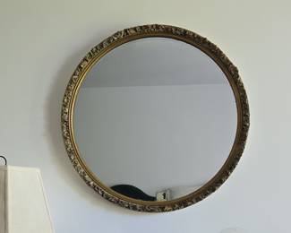 Vintage Giltwood Round Mirror with Acanthus Leaf and Scrolling Ornamentation