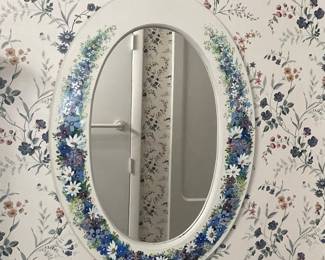 Vintage French Country Hand Painted Oval Floral Wall Mirror