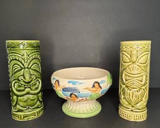 Orchids of Hawaii R-5 "Luau Hut" Tiki Mug and Hula Dancer Bowl