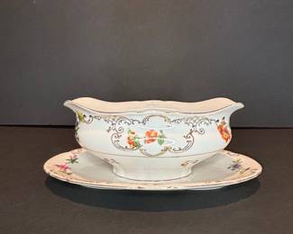 Victoria Czechoslovakia Porcelain Gravy Boat with Attached Underplate