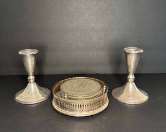 Sterling Silver Weighted Candlesticks and Silverplate Coaster Set