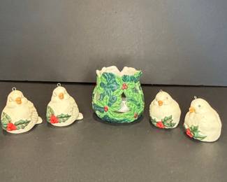 Holiday Holly Berry Bird Ornaments and Votive Holder