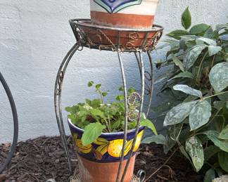 Two-Tier Wrought Iron Plant Stand with Mosaic Accents