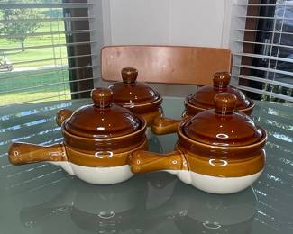 Vintage Brown Drip Glaze Stoneware French Onion Soup Bowls with Lids