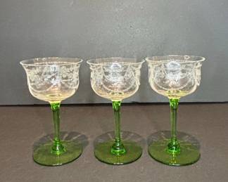 Vintage Etched Glass Cordial Glasses likely uranium