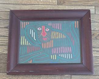 Framed Mola Textile Art - Jaguar Motif