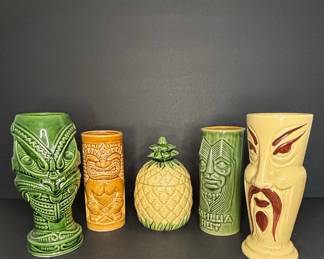 Vintage Orchids of Hawaii Tiki Mugs and Pineapple Lidded Jar