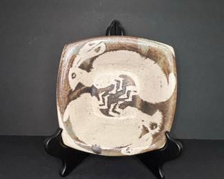 Studio Pottery Square Dish with Hare Motif by Ishmael Soto