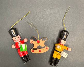 Vintage Wooden Toy Soldier and Rocking Horse Christmas Ornaments