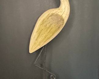 Hand Carved Wood Heron Sculpture with Metal Stand