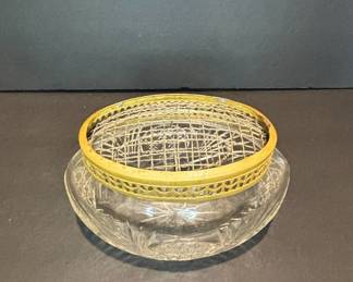 Vintage Cut Glass Vanity Jar with Brass Flower Frog Insert