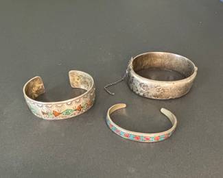 Vintage Southwestern Sterling Silver Bracelets with Turquoise and Coral Inlay