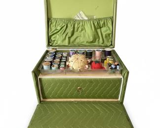 Vintage Green Quilted Vinyl Sewing Box with Tray