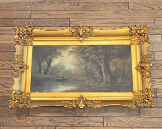 Vintage Landscape Oil Painting Signed "F. Hurl" in Ornate Gold Frame