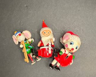 Vintage Japan Flocked & Composition Christmas Ornaments - Santa and Mice