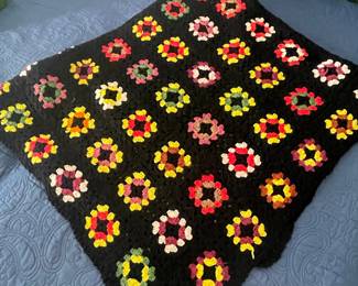 Vintage Hand-Crocheted Granny Square Afghan with Floral Centers