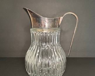 Vintage Italian Ribbed Glass Water Pitcher with Silver-Plated Handle