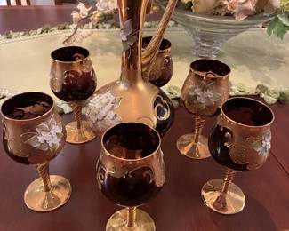 Murano hand blown 24k gold leaf 6 wine glasses and decanter $1,610.00