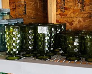 Mason jars, green glasses