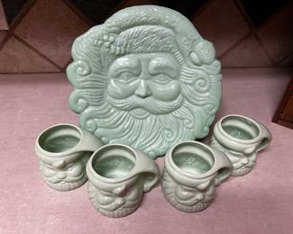 Cracker Barrel Santa plate with brand new Hallmark Christmas mugs