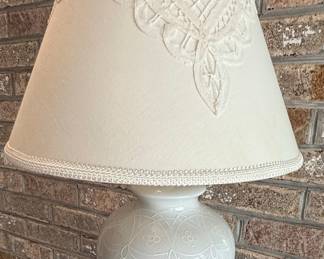 White Ceramic Embossed Floral Lamp with Lace Shade Style