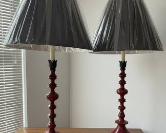 Pair of Red Turned Wood Style Table Lamps