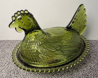 Indiana Glass Olive Green Hen on Nest Candy Dish