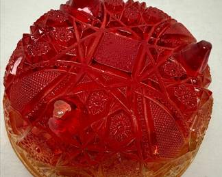 Jeannette Glass Amberina Hobstar & Fan Footed Bowl