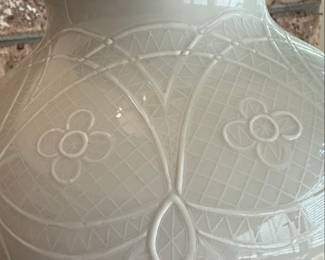 White Ceramic Embossed Floral Lamp with Lace Shade Style