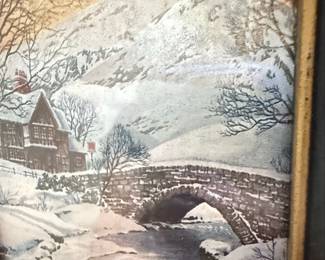 Vintage Winter Bridge Scene Prints, Pair