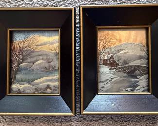Vintage Winter Bridge Scene Prints, Pair