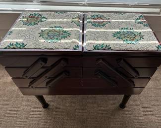 Vintage Accordion Sewing Box with Floral Upholstery