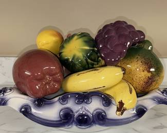 Ceramic Fruit Centerpiece with Blue Scroll Bowl