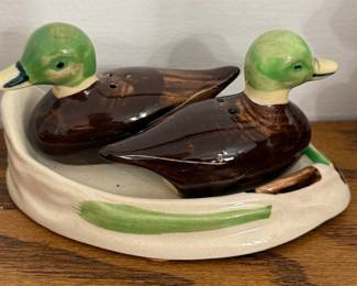 Mallard Duck Salt and Pepper Shakers with Pond Dish