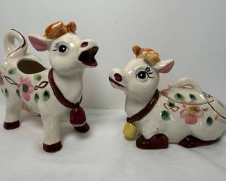 Vintage Hand-Painted Floral Cow Creamer & Sugar Set