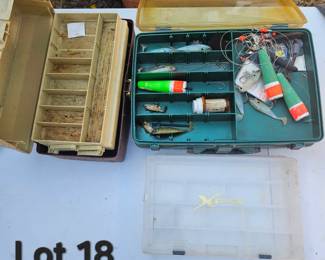 Lot 18 Fishing lures, tackle boxes, more
